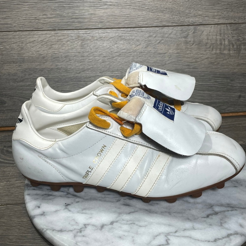 Vintage Adidas Soccer Shoes Mens 8 White Leather Triple Crown Futbol Retro 80s